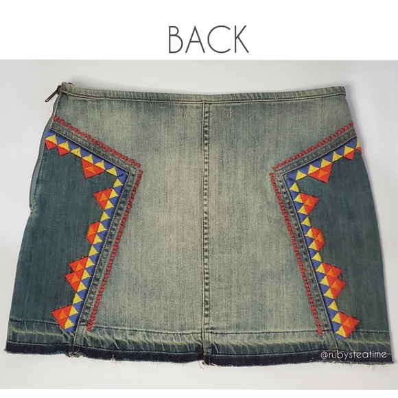 FREE PEOPLE Festival Staple, Aztec Tribal Embroidered Denim Mini Skirt, … - Picture 3 of 9